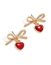 Gold Bow & Red Diamante Heart Drop Earrings - link has visual effect only