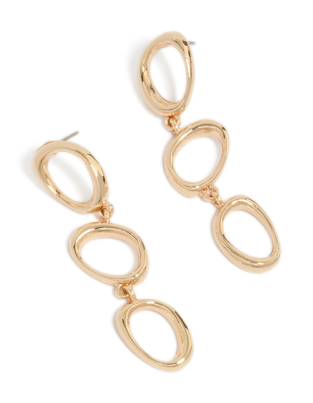 Showcasing gold organic circles trio drop earrings front view