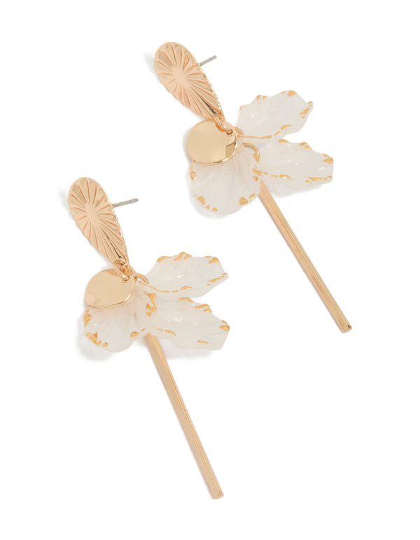 Gold White Petal & Bar Drop Earrings