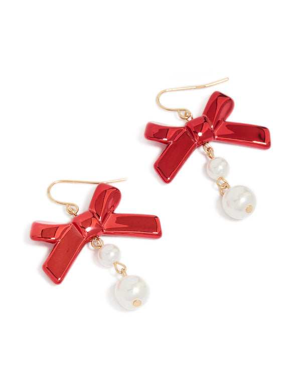 Gold Metallic Red Bow & Pearl Drop Earrings