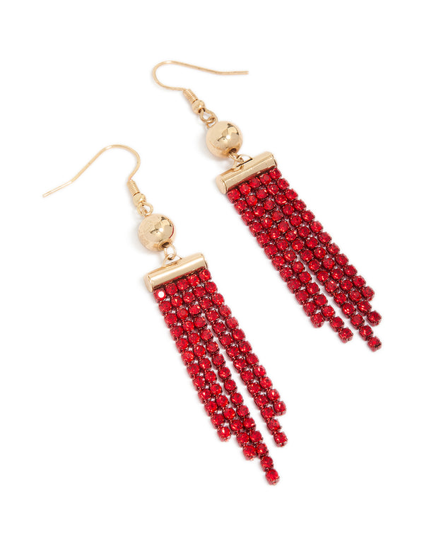 Gold Ball & Red Diamante Cupchain Stands  Drop Earrings