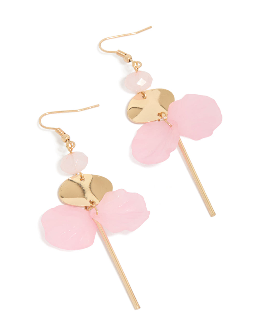 Statement earrings featuring oval pink petal with bar drops and beaded accents in gold front view
