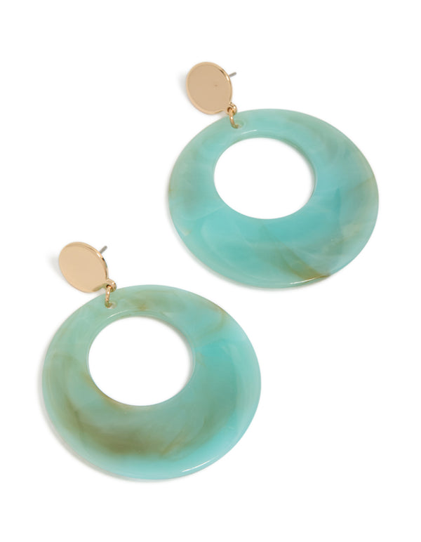 Gold Aqua Open Circle Drop Earrings