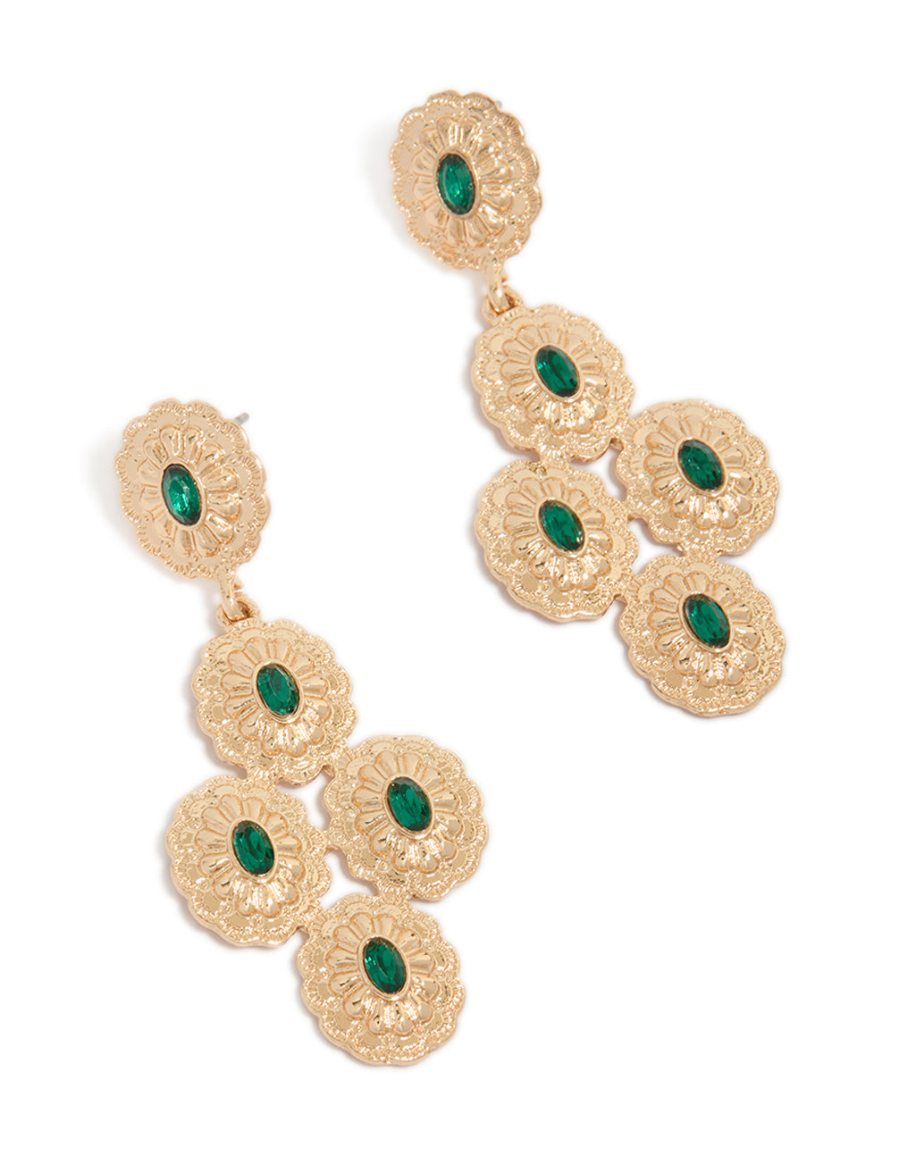 Statement drop earrings in gold medallions with dark green diamante stones front view