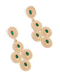Statement drop earrings in gold medallions with dark green diamante stones front view - link has visual effect only