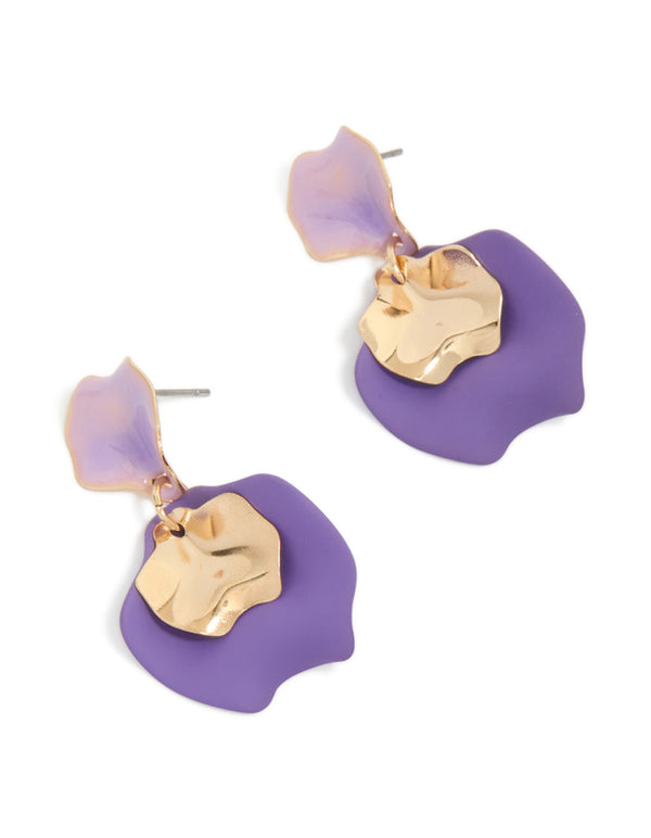 Gold Double  Purple Petal Drop Earrings