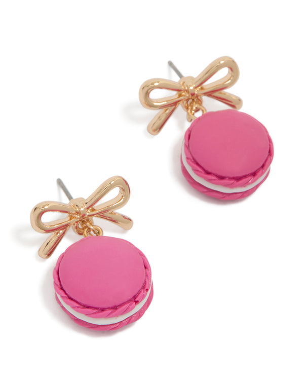 Gold Bow Top Pink Macaron Earrings