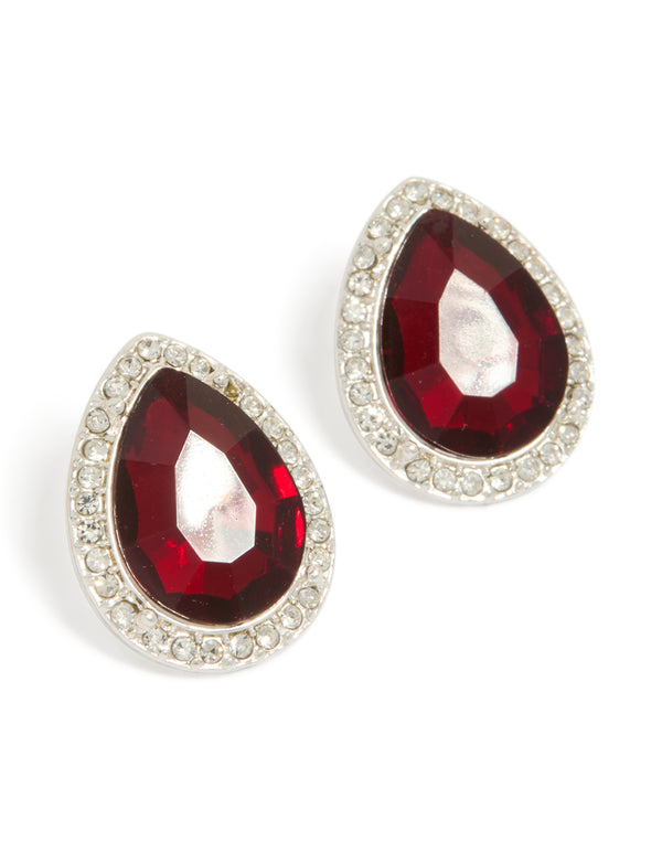Silver Outline Red Diamante Teardrop Stud Earrings