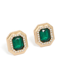 Gold Green Diamante Rectangle Stud Earrings - link has visual effect only