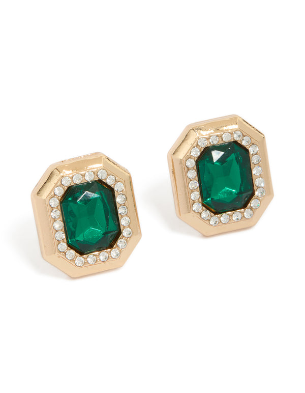 Gold Green Diamante Rectangle Stud Earrings