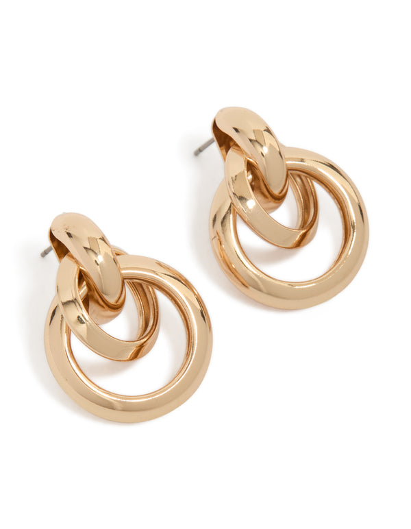 Showcasing gold double circle stud earrings with interlocking design front view