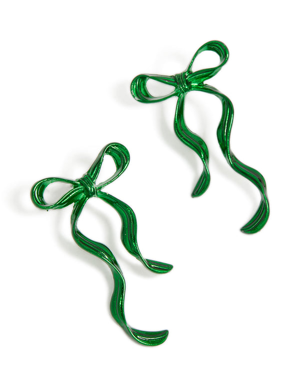 Green Coated Metal Dangle Bow Stud Earrings