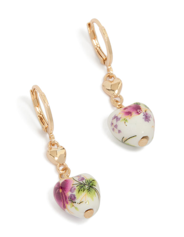 Gold Beaded Painted Floral Heart Huggie Earrings