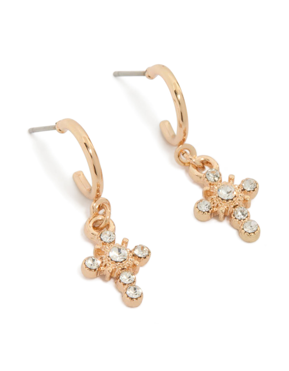 Showcasing statement huggie earrings featuring cross design in gold front view