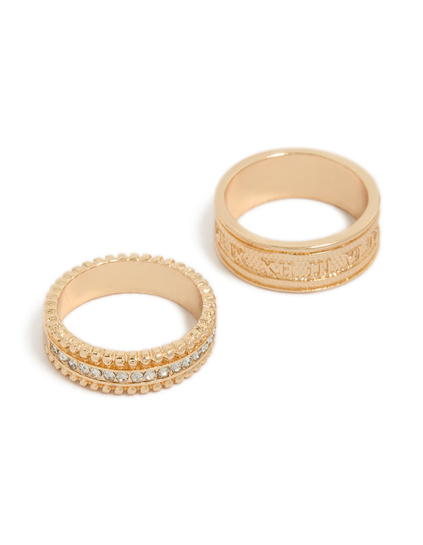 Showcasing a gold diamante and roman numeral band rings 2-pack front view