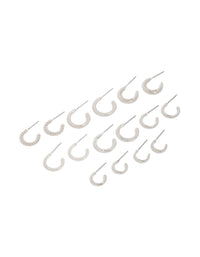 Presenting a set of thin round hoop earrings in silver with 8-pack included front view - link has visual effect only