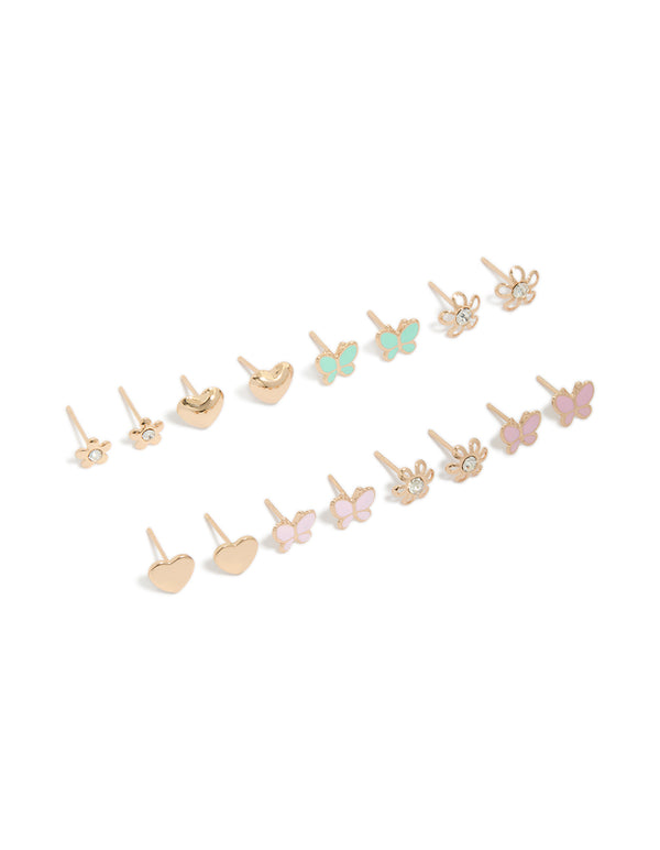 Gold Butterfly & Heart Stud Earrings 8-Pack