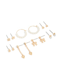 Gold Pearl Heart & Bow Earrings 7-Pack - link has visual effect only