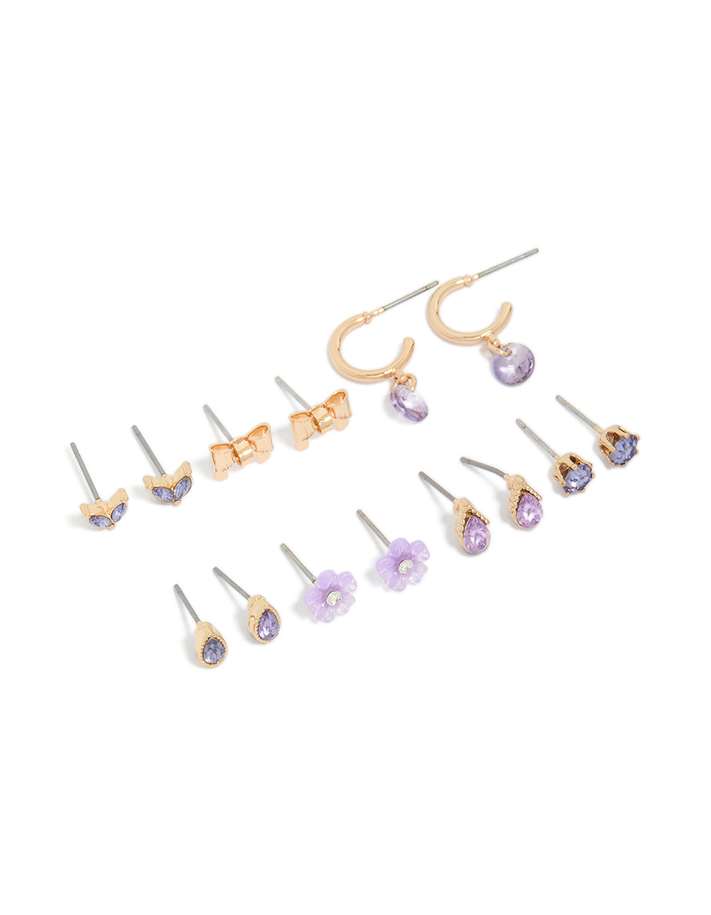 Discover gold lilac diamante flower and bow earrings in a 7-pack with huggie and stud closures front view