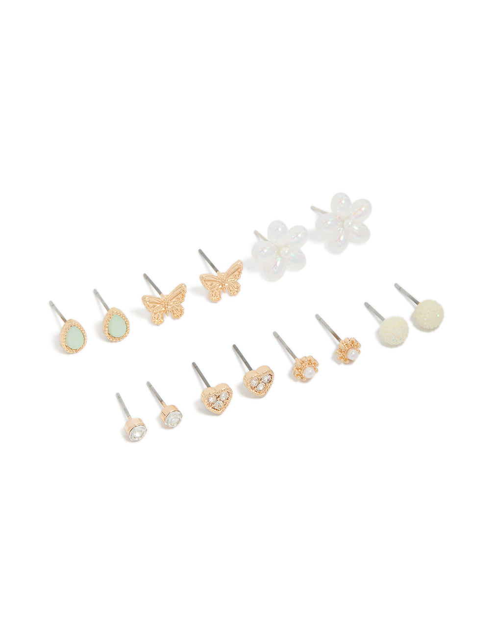 Featuring gold diamante and pearl flower earrings in a 7-pack with butterfly details and stud closure front view