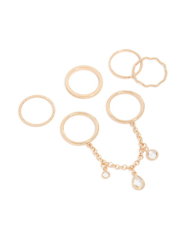 Gold Diamante & Sandwich Chain Rings 6-Pack