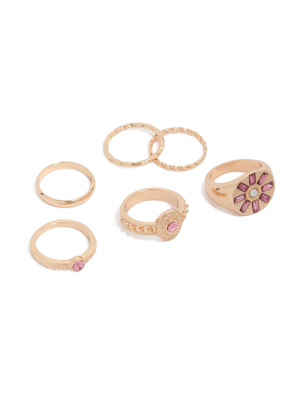 A stunning collection of gold floral diamante signet rings in a 6-pack featuring pink and orchid embellishments front view