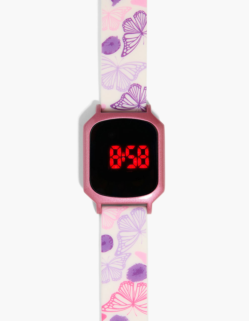 Discover a kids slim butterfly print digital watch featuring black dial with rectangle shape in multi-color silicone strap designed for kids and casual occasions front view