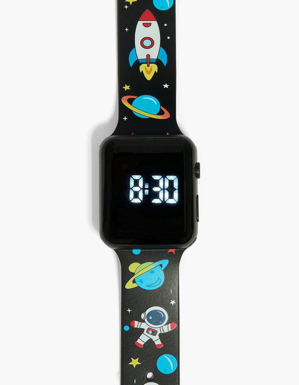 Showcasing a kids astronomy digital watch with black dial, number look, rectangle shape, modern-digital style, silicone strap front view
