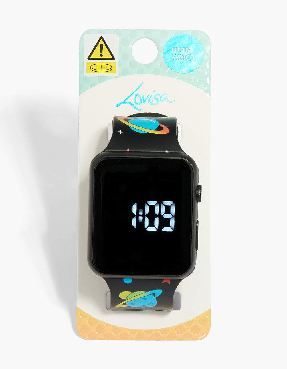 Displaying a kids astronomy digital watch with black dial, number look, rectangle shape, modern-digital style, silicone strap case detail view