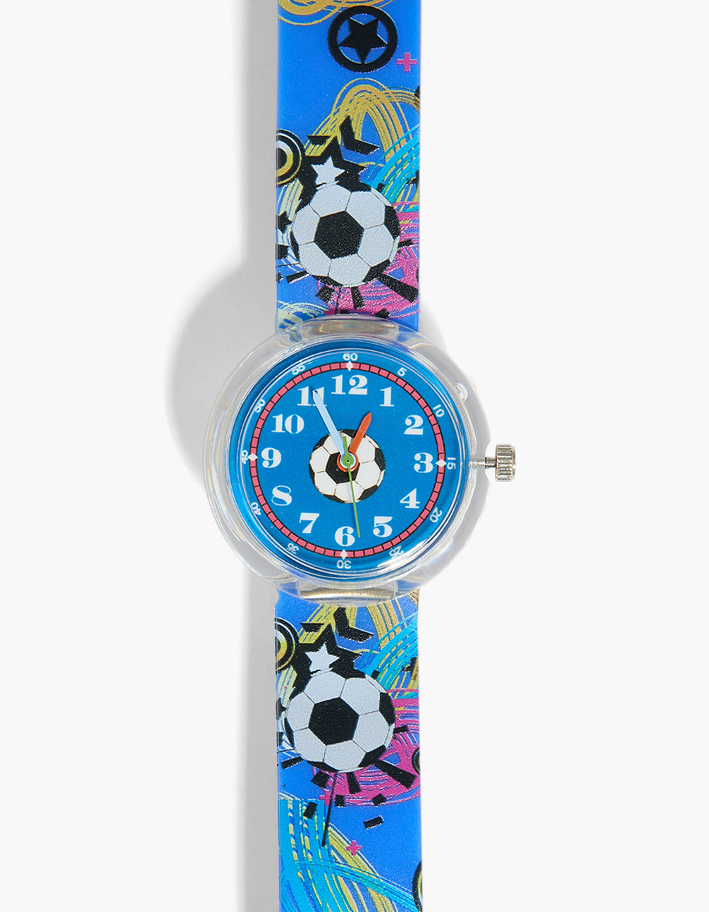 Showcasing a kids PVC watch with soccer ball motif featuring a blue dial with round shape for sports occasions and silicone multi-color strap in analog style watch face detail view
