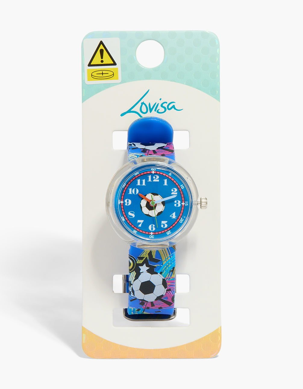 Presenting a kids PVC watch with soccer ball motif featuring a blue dial with round shape for sports occasions and silicone multi-color strap in analog style case detail view