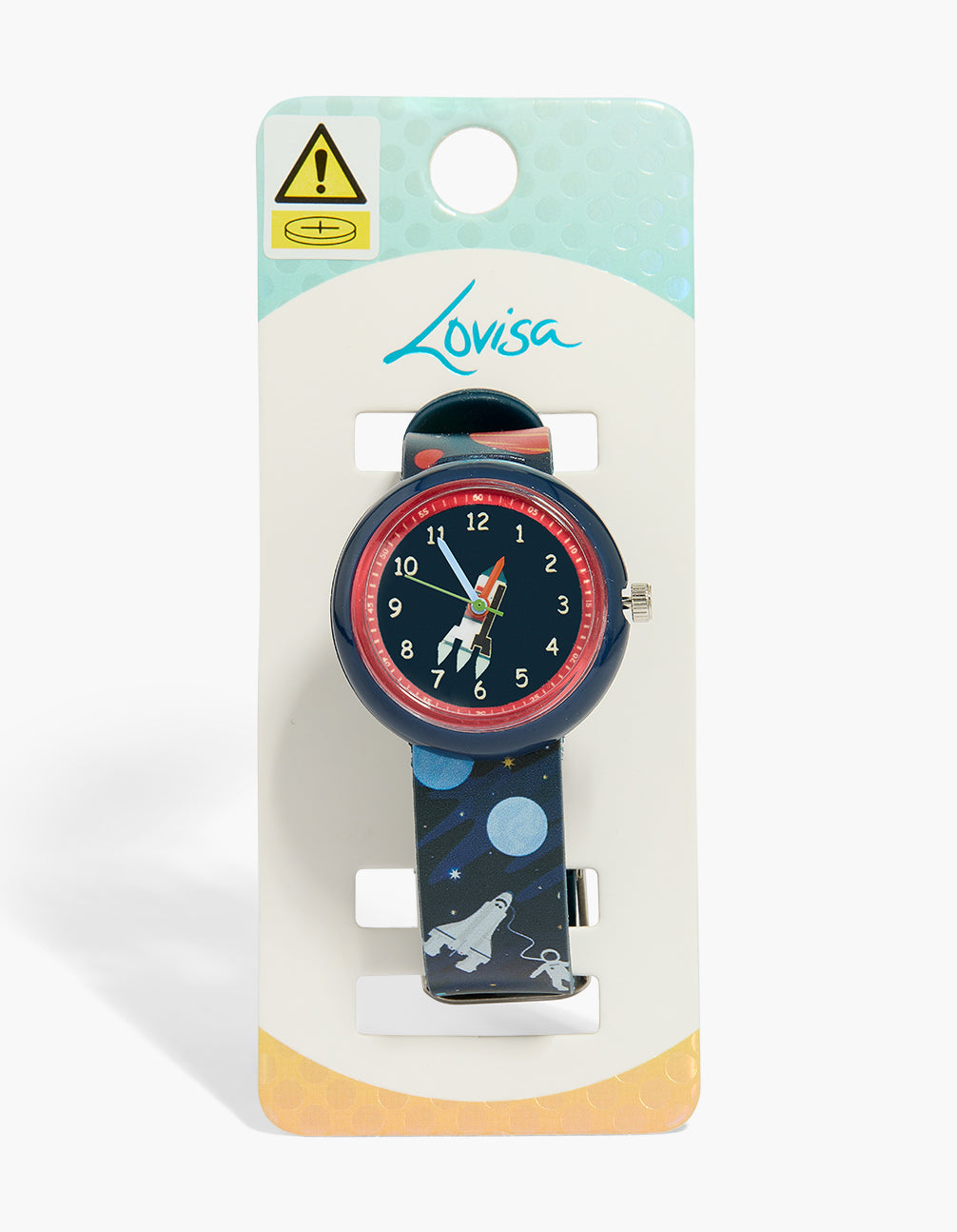 Crafted for kids, silver Space & Planet Watch on a black dial with round shape for kids, casual wear in analog type with multi-color silicone strap case detail view