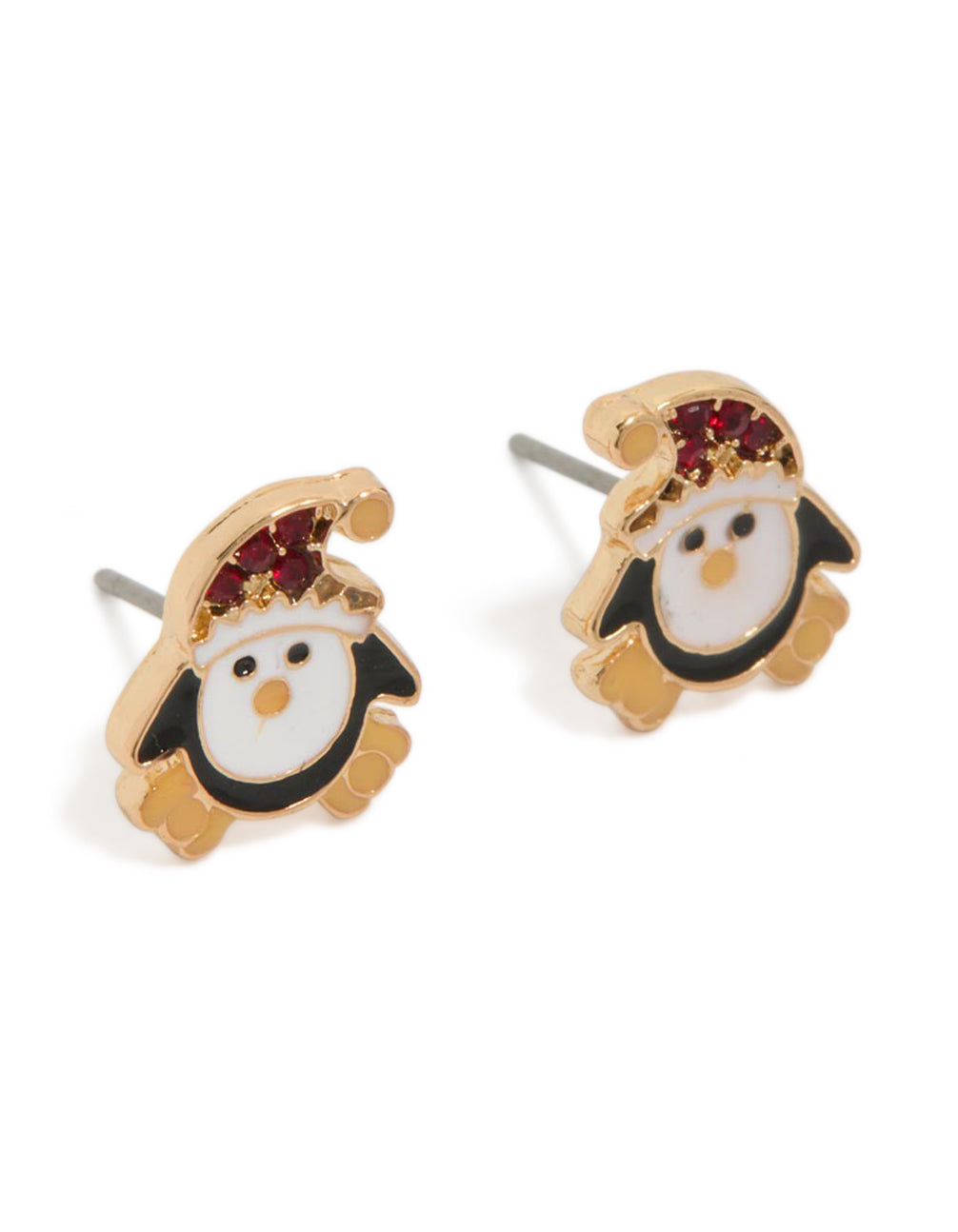 Showcasing gold festive penguin stud earrings featuring animal design with white, black, and dark red enamel detailing front view