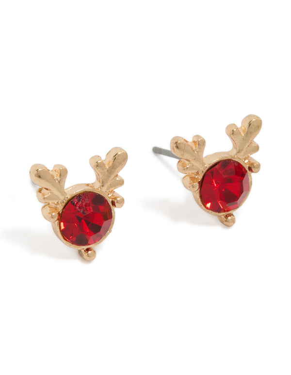 Beautifully crafted gold red diamante reindeer ears stud earrings front view