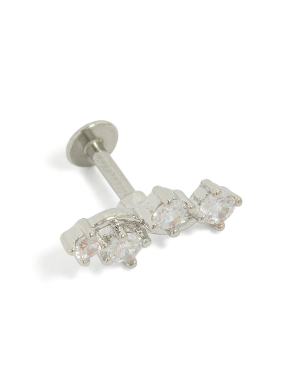 Showcasing a surgical steel wave crawler single flat back stud featuring cubic zirconia in silver and clear front view