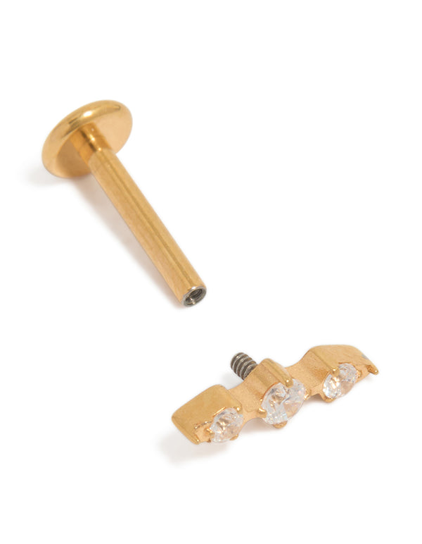 Presenting a bar crawler earring crafted from surgical steel with cubic zirconia and flat back closure in gold detail view