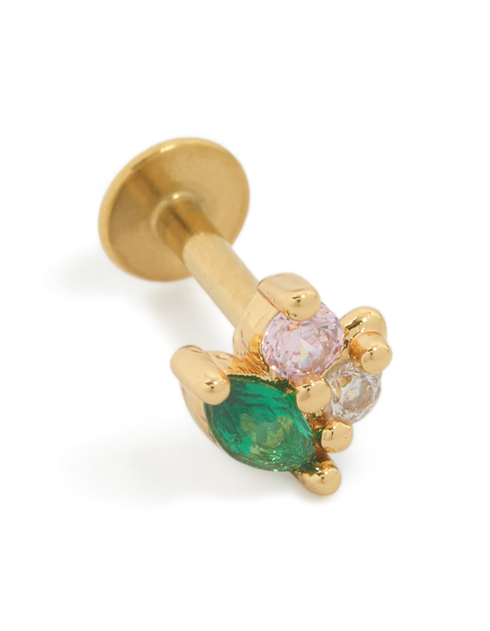 Presenting a gold plated surgical steel green cubic zirconia cluster single flat back stud with pink and clear stones front view