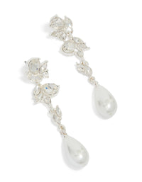 Elegant silver pearl and crystal leaf drop earrings front view - link has visual effect only