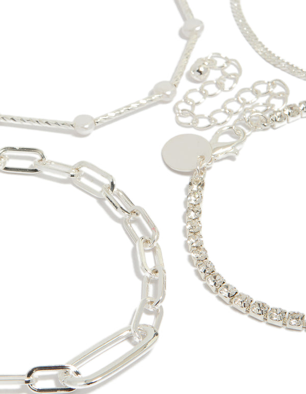 Silver Diamante Tennis & Pearl Bracelets 4-Pack