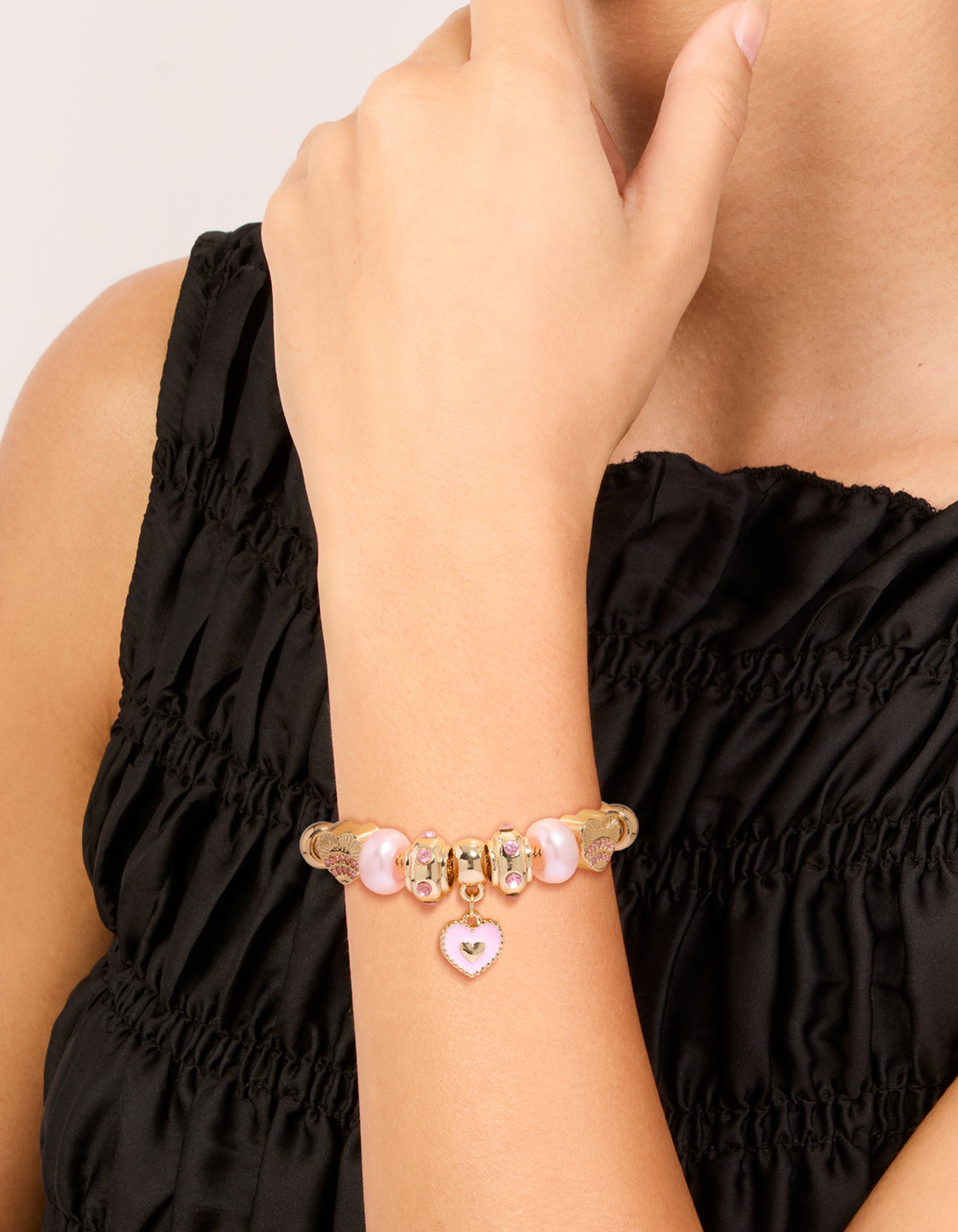 Gold Pink Cubic Zirconia & Enamel Heart Toggle Bracelet