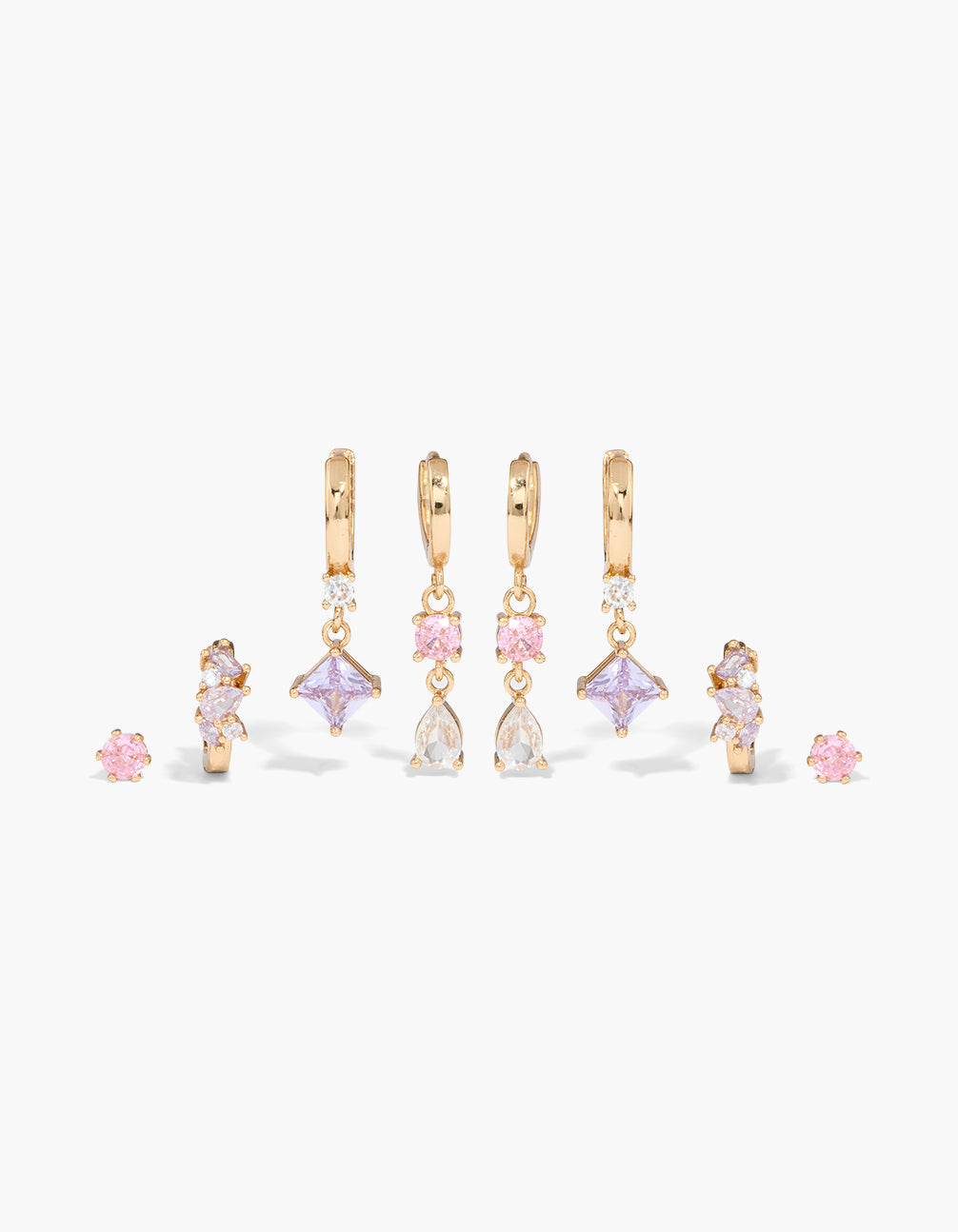 Gold Lilac & Pink  Cubic Zirconia Flower Earrings 4-Pack