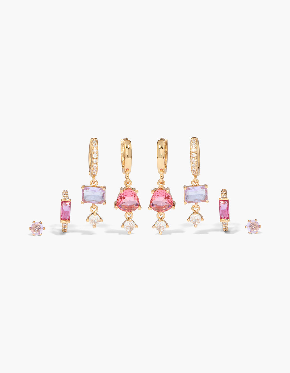 Gold Pink & Purple Cubic Zirconia Square Earrings 4-Pack