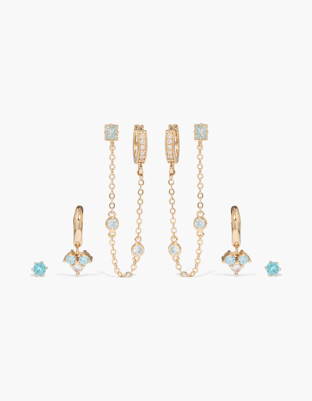 Gold Light Blue Cubic Zirconia Chain Drop & Stud Earrings 4-Pack
