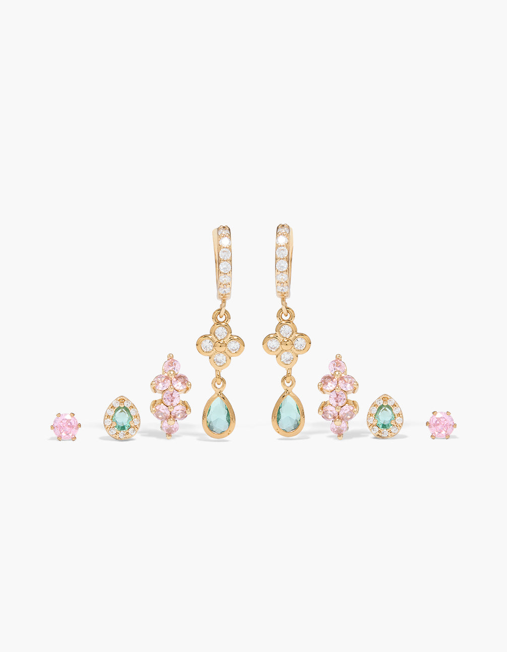 Gold Aqua & Pink Cubic Zirconia Stud & Huggie Earrings 4-Pack