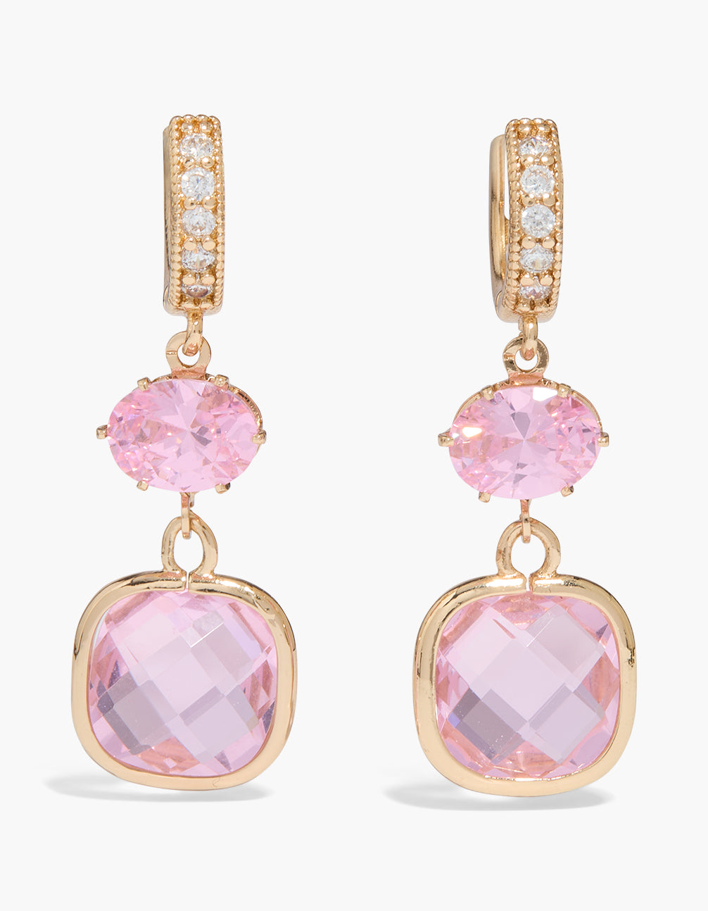 Gold Double Pink Cubic Zirconia Huggie Earrings