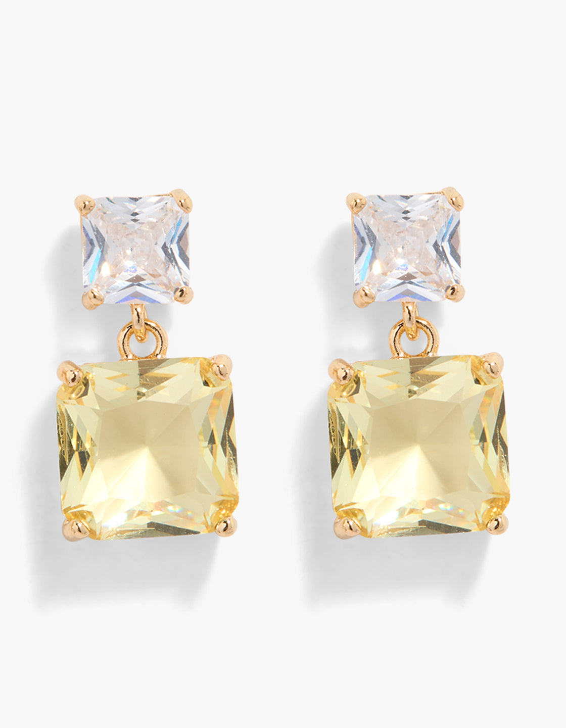 Showcasing statement gold clear and yellow cubic zirconia double drop earrings with crystal accents front view