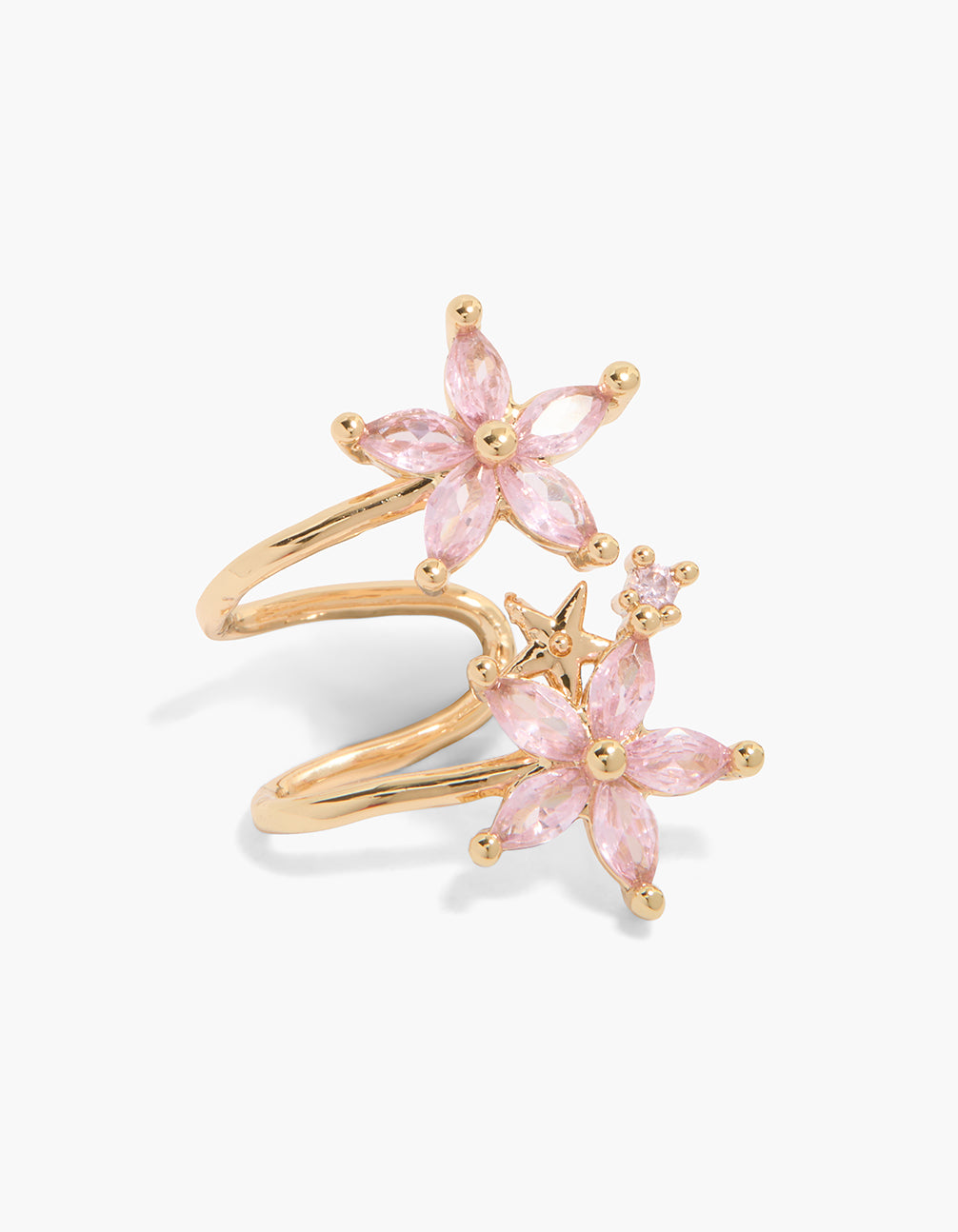 Showcasing a gold pink cubic zirconia flowers ear cuff with statement style front view