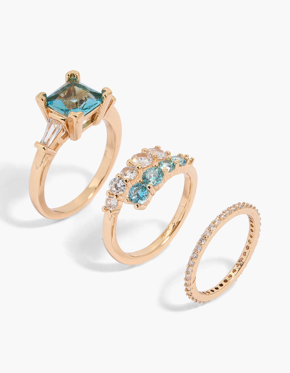 Gold Blue & Clear Cubic Zirconia Rings 3-Pack