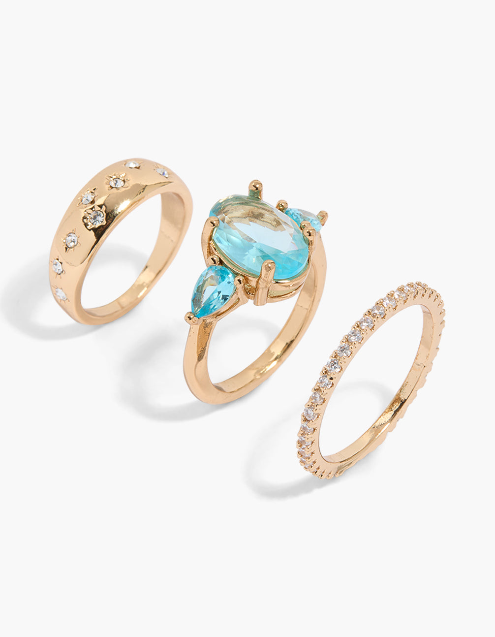 Gold Clear & Aqua Cubic Zirconia Rings 3-Pack