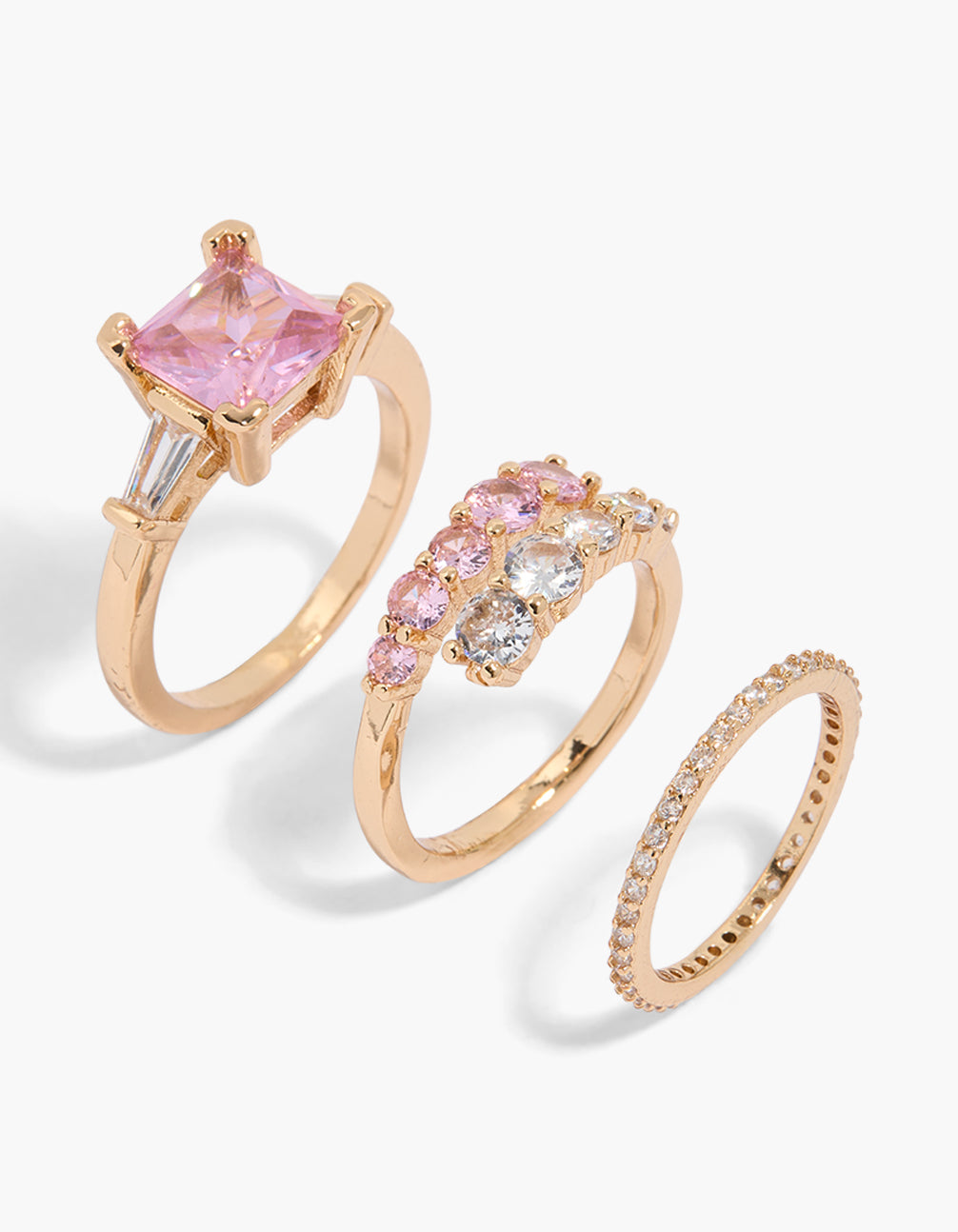 Gold Pink & Clear Cubic Zirconia Rings 3-Pack